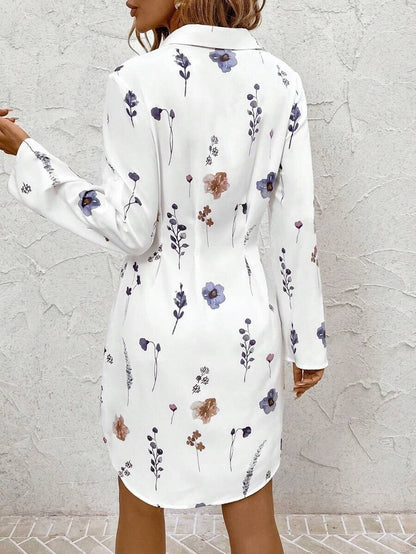 Womens Floral Printed Long Sleeve Lapel Button Dress