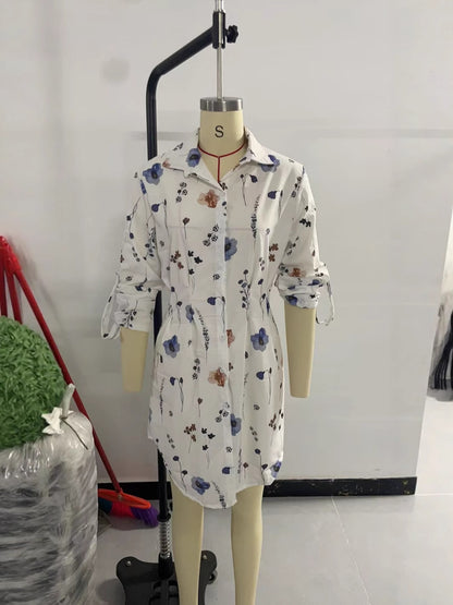 Womens Floral Printed Long Sleeve Lapel Button Dress