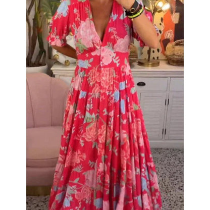 Womens Floral V-Neck Long Dress