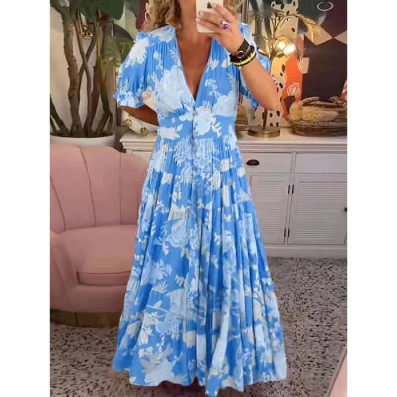 Womens Floral V-Neck Long Dress