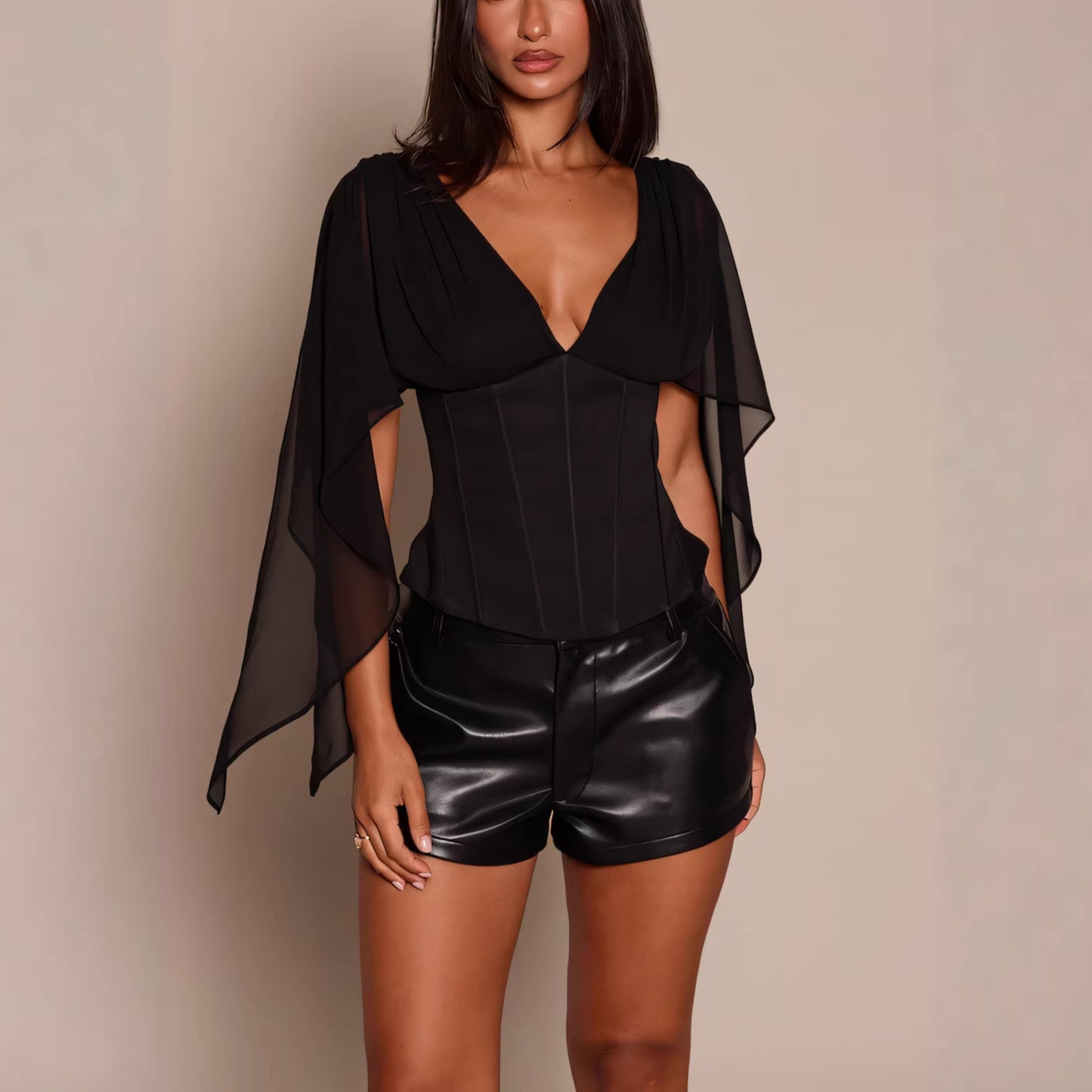 Womens Flutter Sleeve V-Neck Blouse