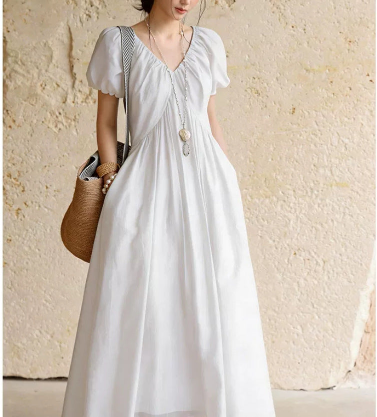Womens French Style V-Neck Puff Sleeve Dress