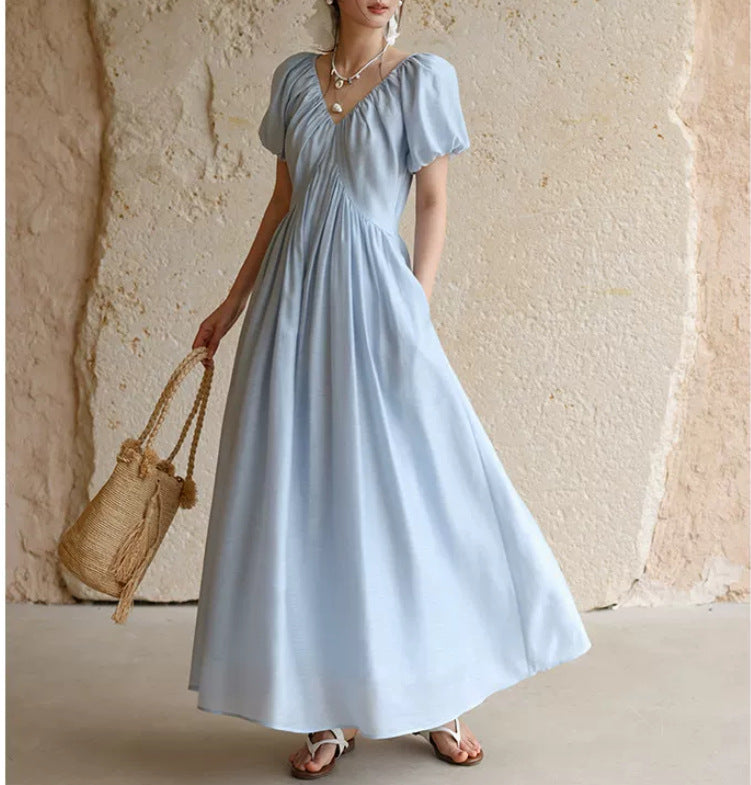 Womens French Style V-Neck Puff Sleeve Dress