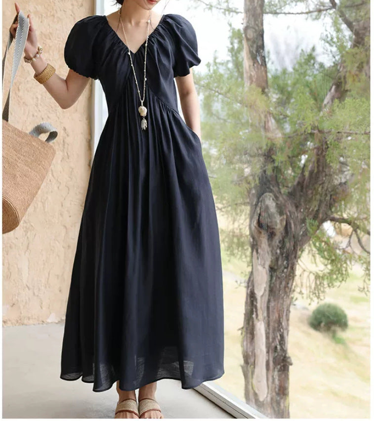 Womens French Style V-Neck Puff Sleeve Dress