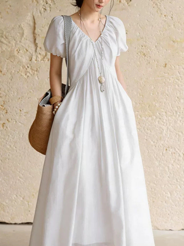 Womens French Style V-Neck Puff Sleeve Dress