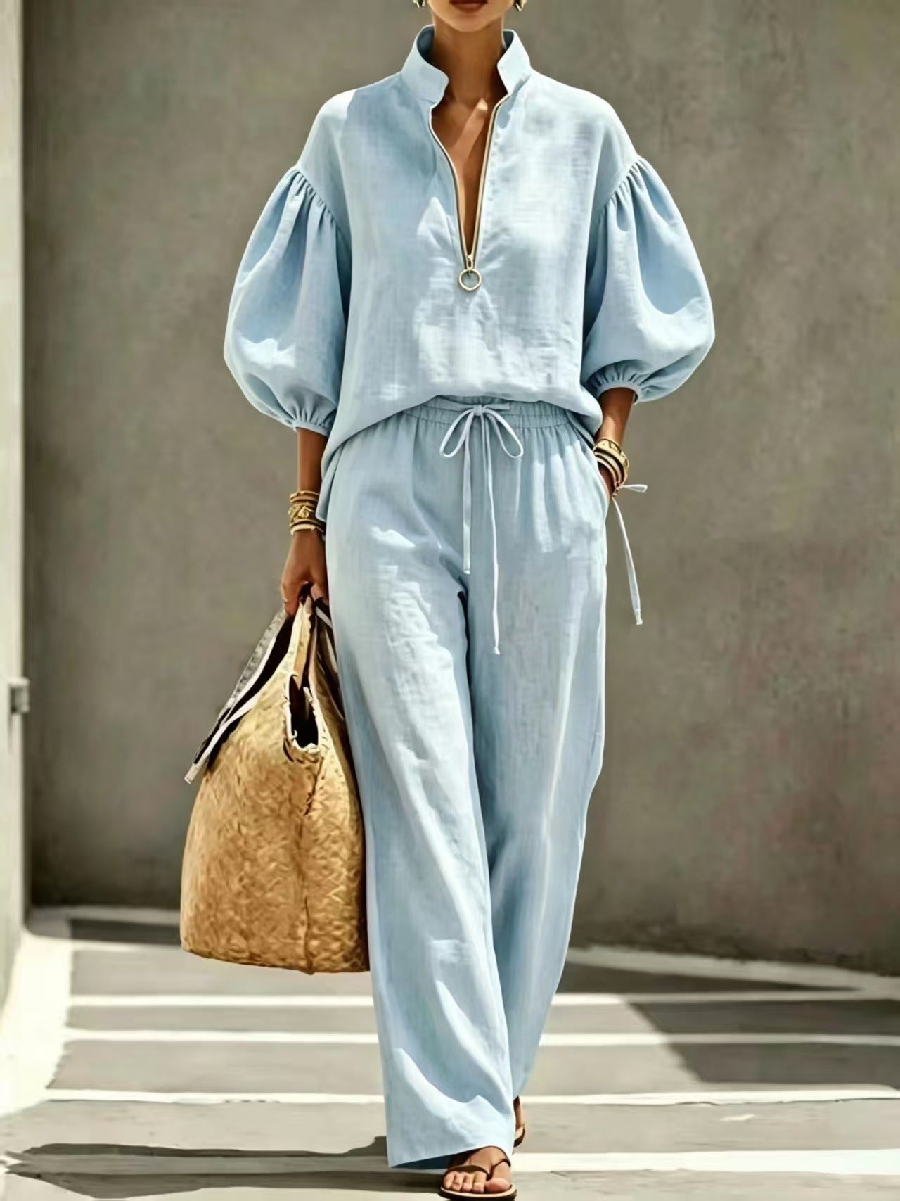 Womens Half-Zip Lantern Sleeve Casual Suit