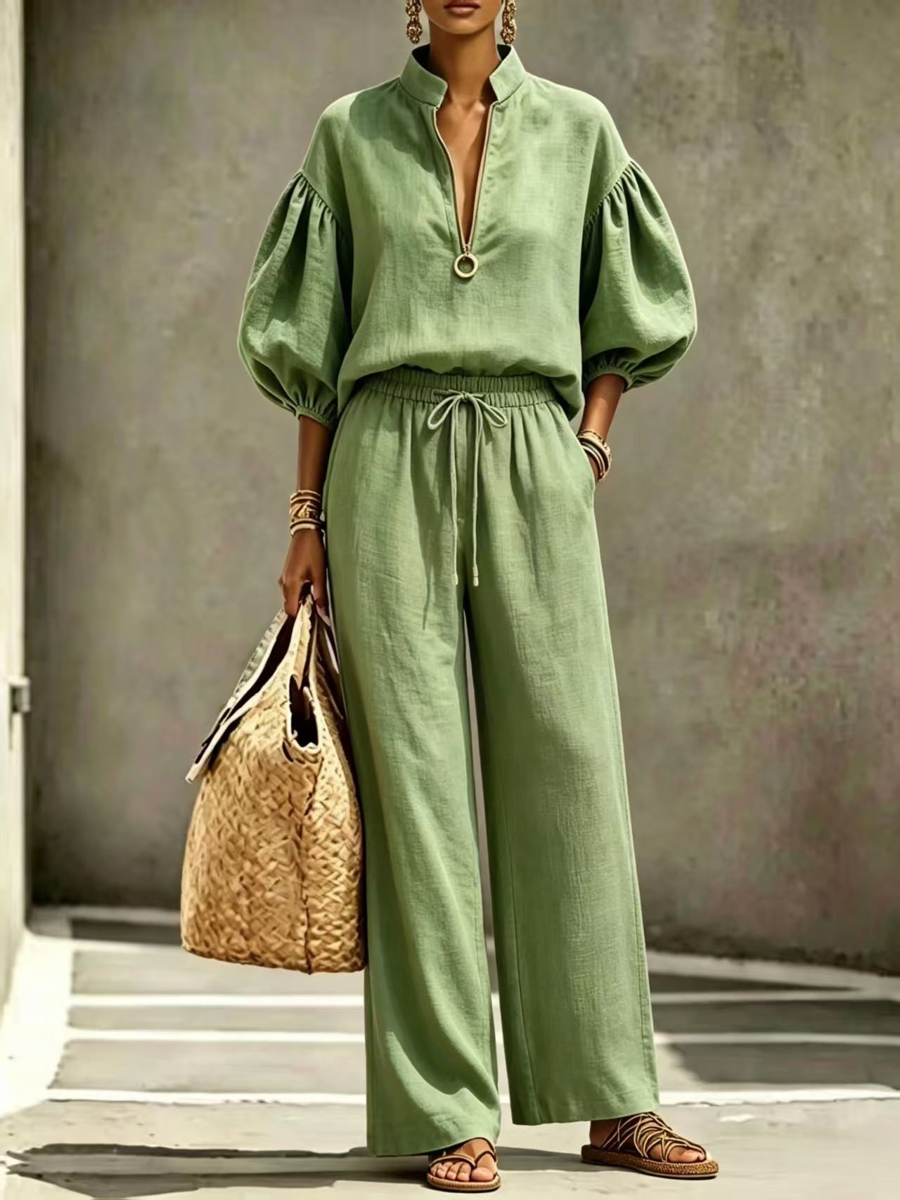 Womens Half-Zip Lantern Sleeve Casual Suit