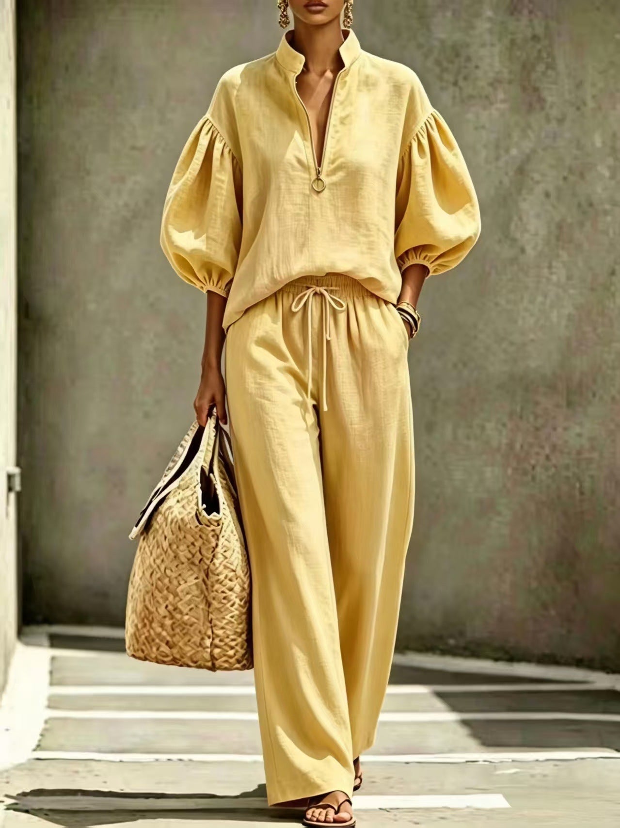 Womens Half-Zip Lantern Sleeve Casual Suit