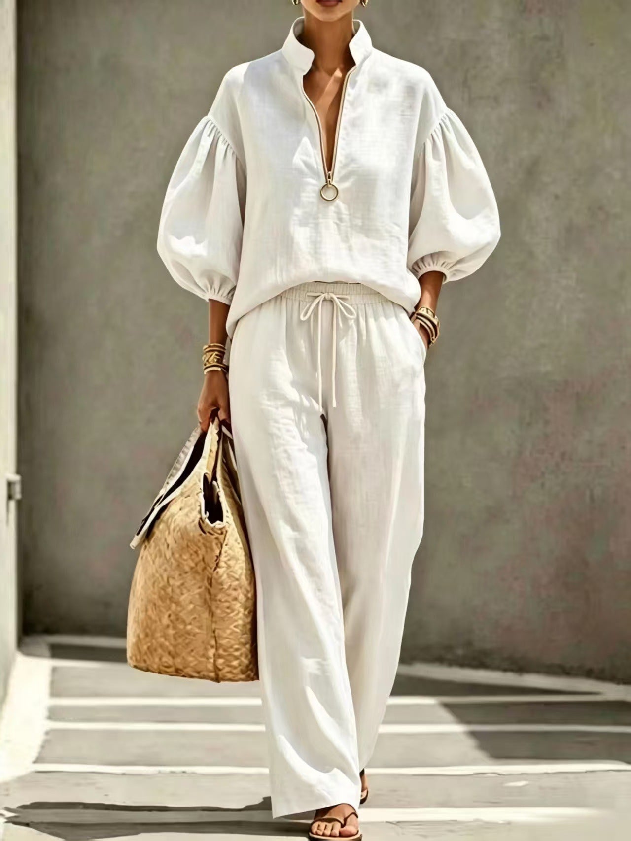 Womens Half-Zip Lantern Sleeve Casual Suit
