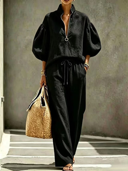 Womens Half-Zip Lantern Sleeve Casual Suit