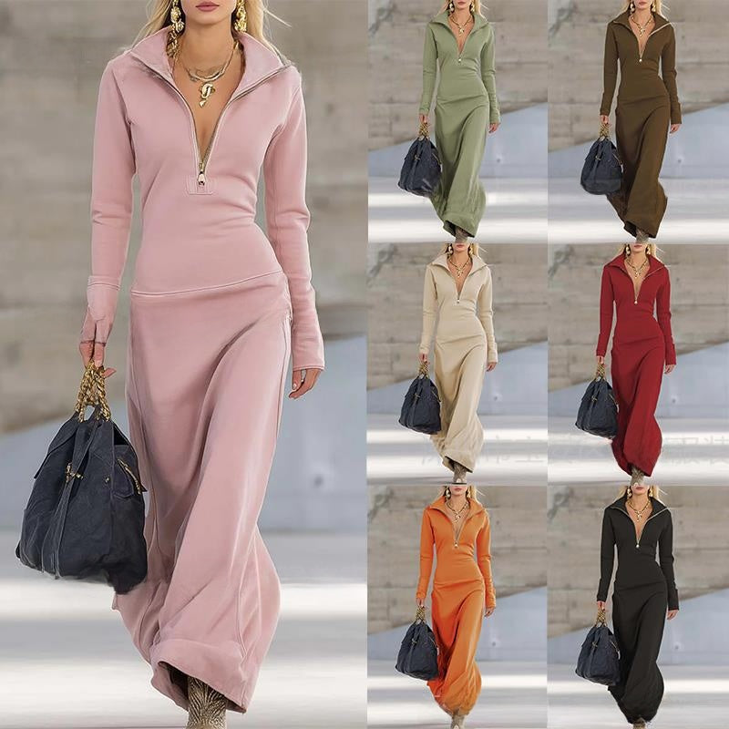 Womens Half Zip Polo Collar Long Sleeve Dress