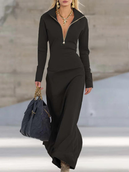 Womens Half Zip Polo Collar Long Sleeve Dress