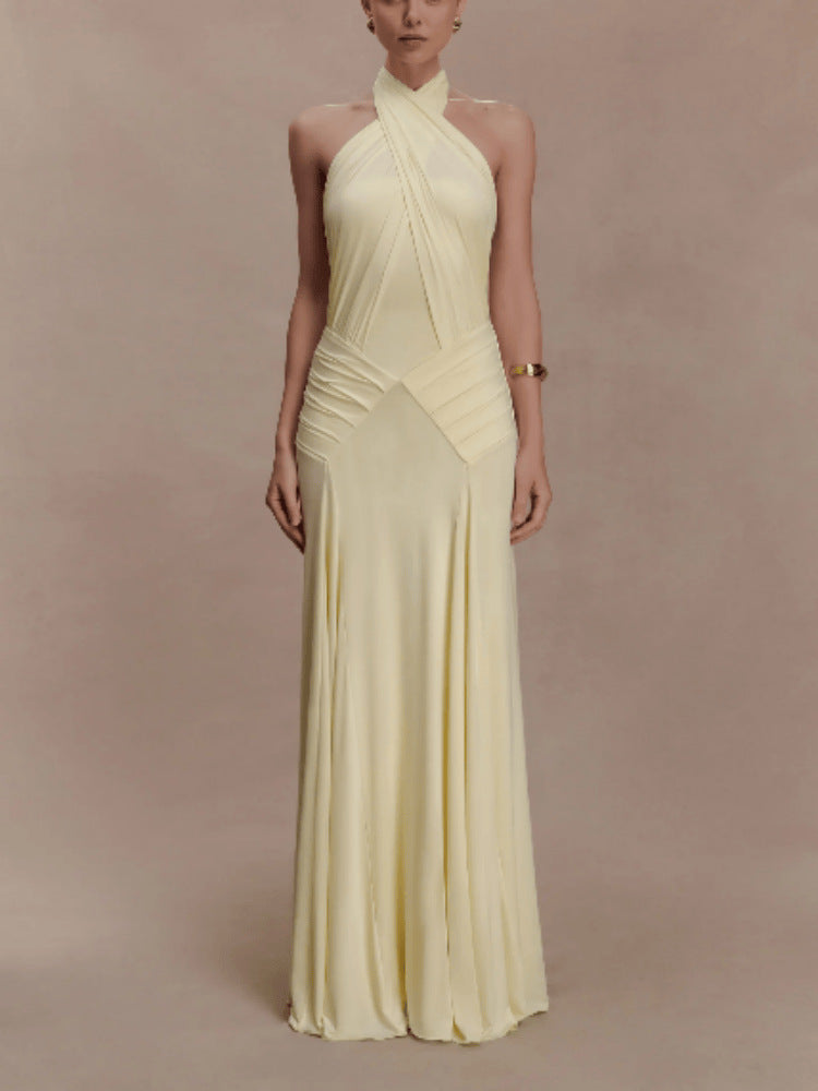 Womens Halter Neck Backless Chiffon Dress