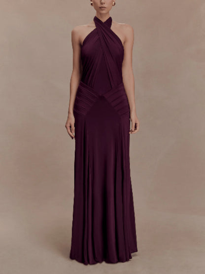 Womens Halter Neck Backless Chiffon Dress