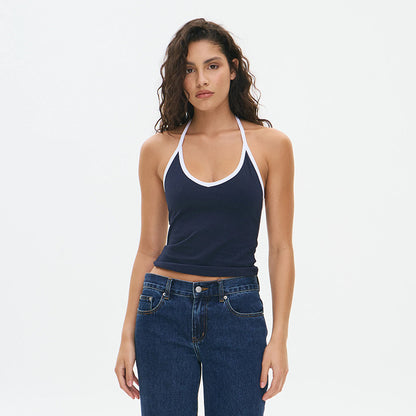 Womens Halter Neck Color Block Tank Top