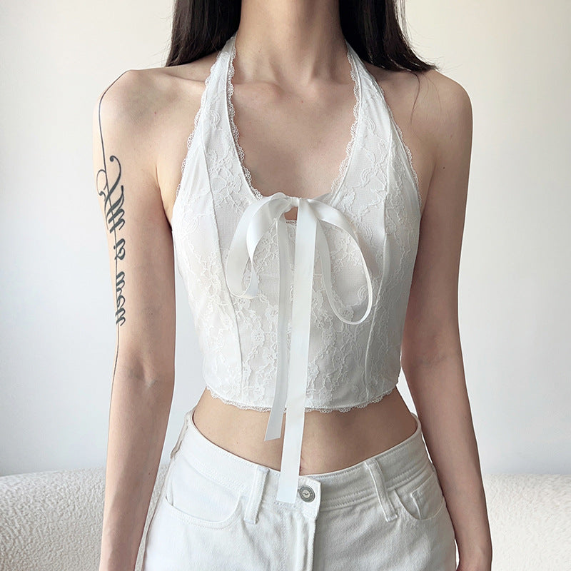 Womens Halter Neck Lace Bow Tie-Up Top