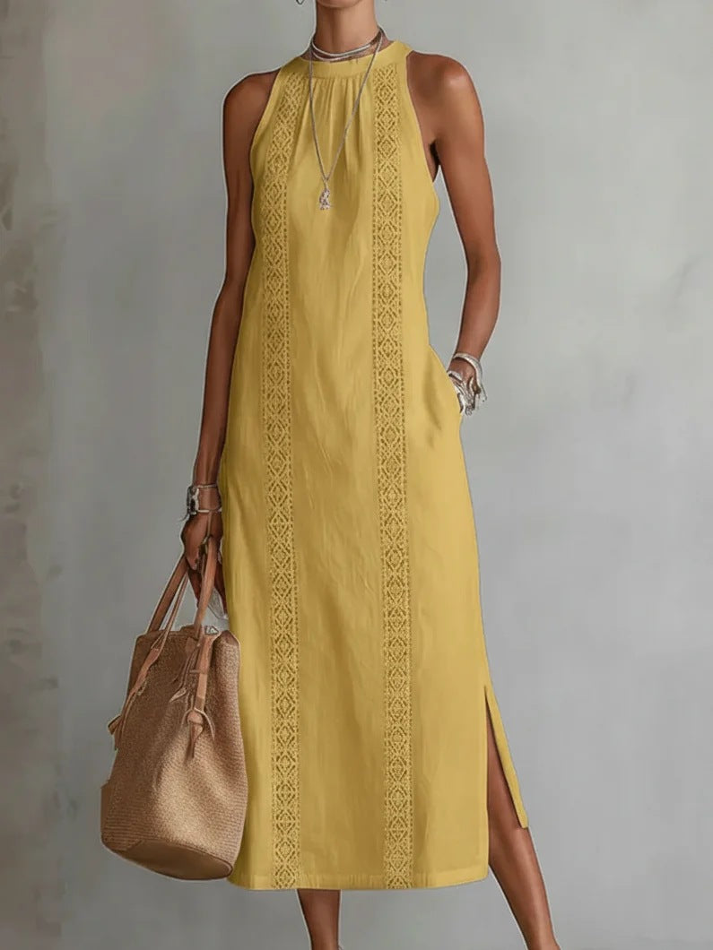 Womens Halter Neck Lace Patchwork Sleeveless Dress