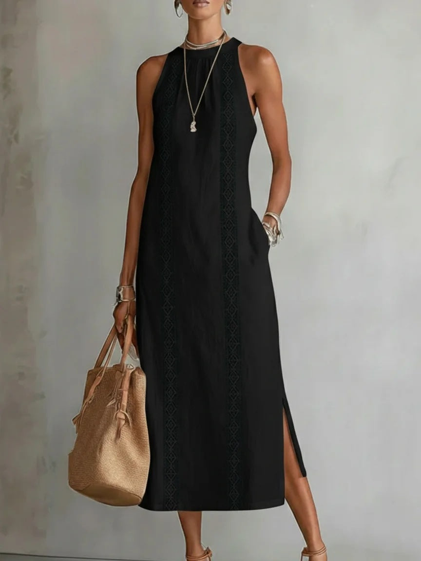 Womens Halter Neck Lace Patchwork Sleeveless Dress