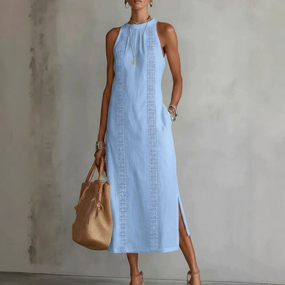 Womens Halter Neck Lace Patchwork Sleeveless Dress