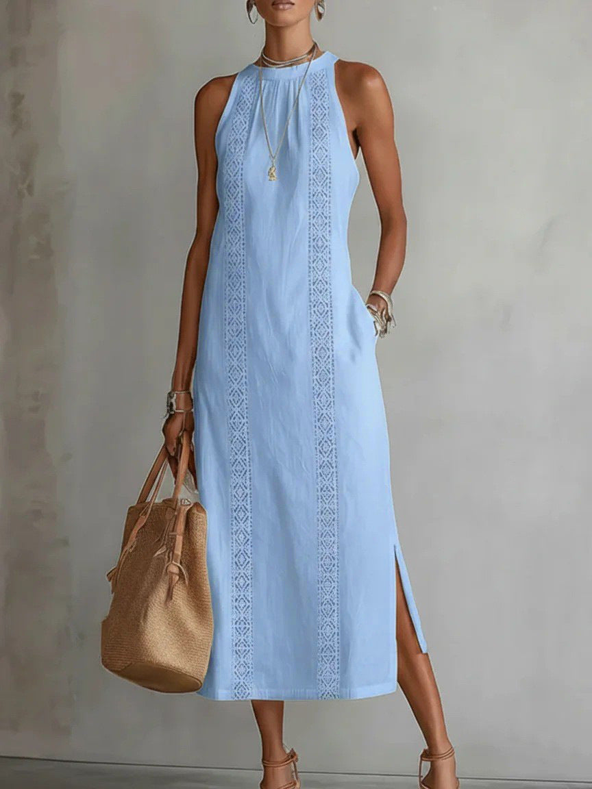Womens Halter Neck Lace Patchwork Sleeveless Dress