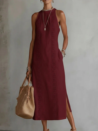 Womens Halter Neck Lace Patchwork Sleeveless Dress