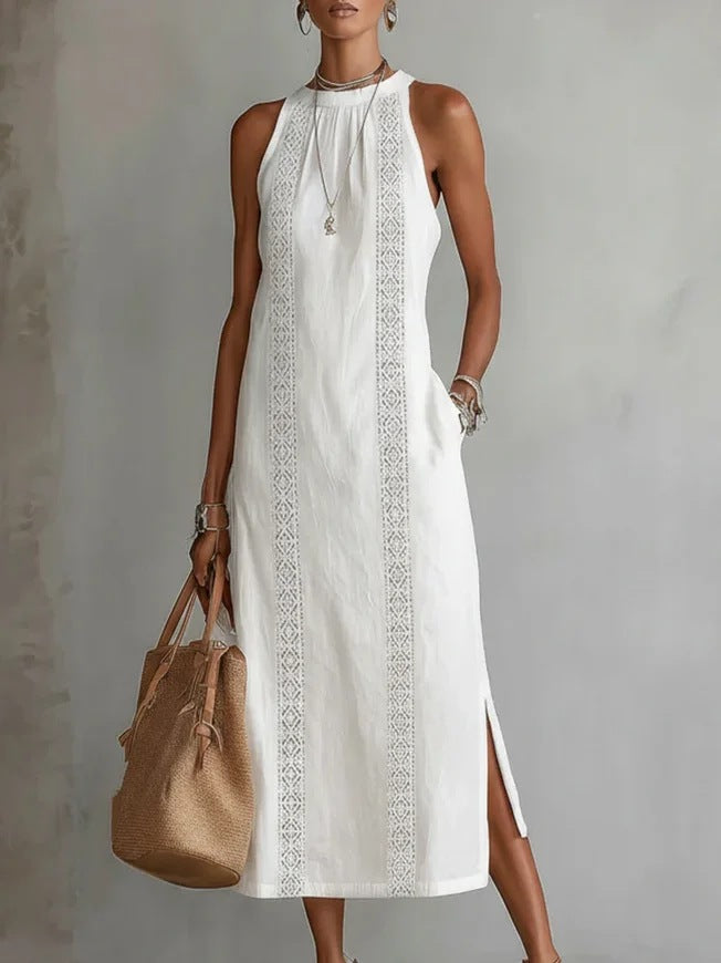 Womens Halter Neck Lace Patchwork Sleeveless Dress