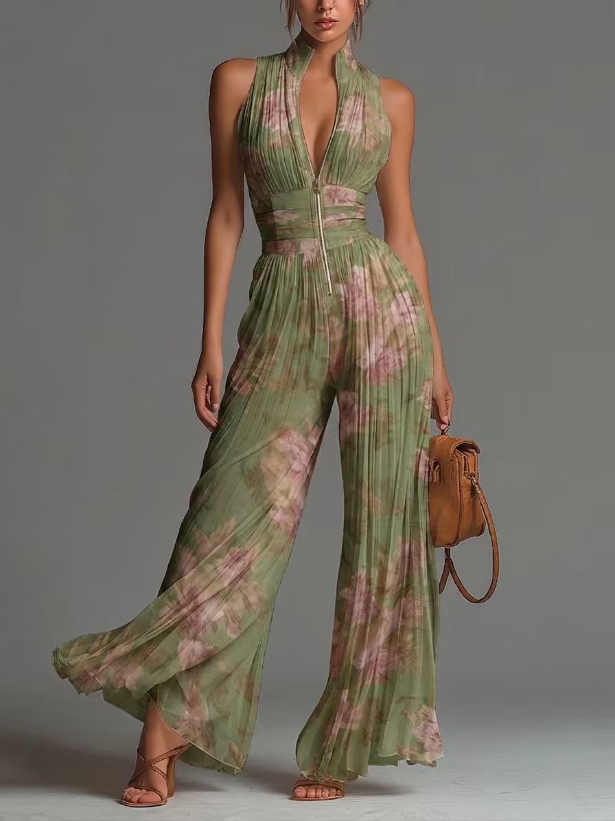 Womens Halter Neck Pleated Wide Leg Jumpsuit