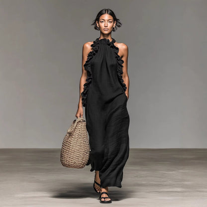 Womens Halter Neck Ruffled Long Dress