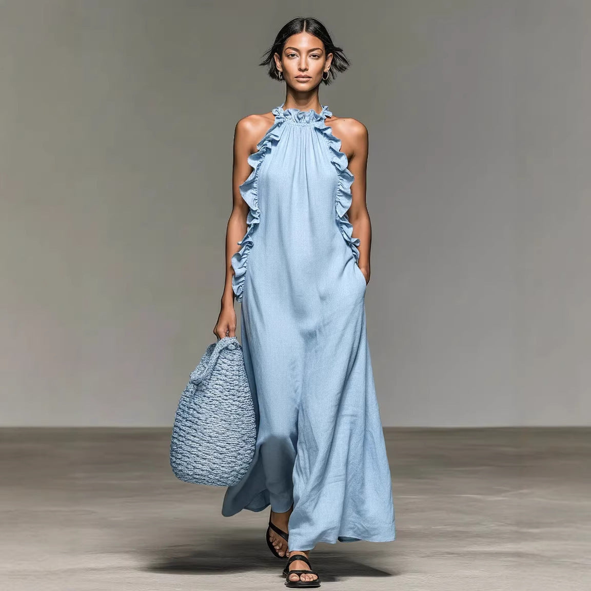 Womens Halter Neck Ruffled Long Dress
