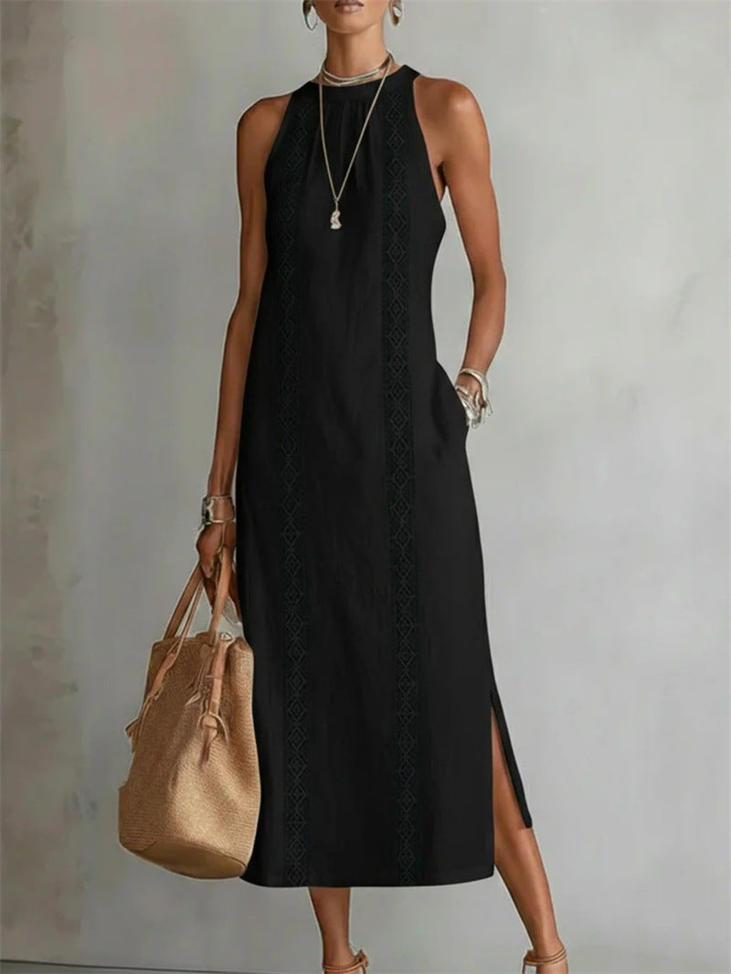 Womens Halter Neck Solid Color Lace Splicing Sleeveless Dress