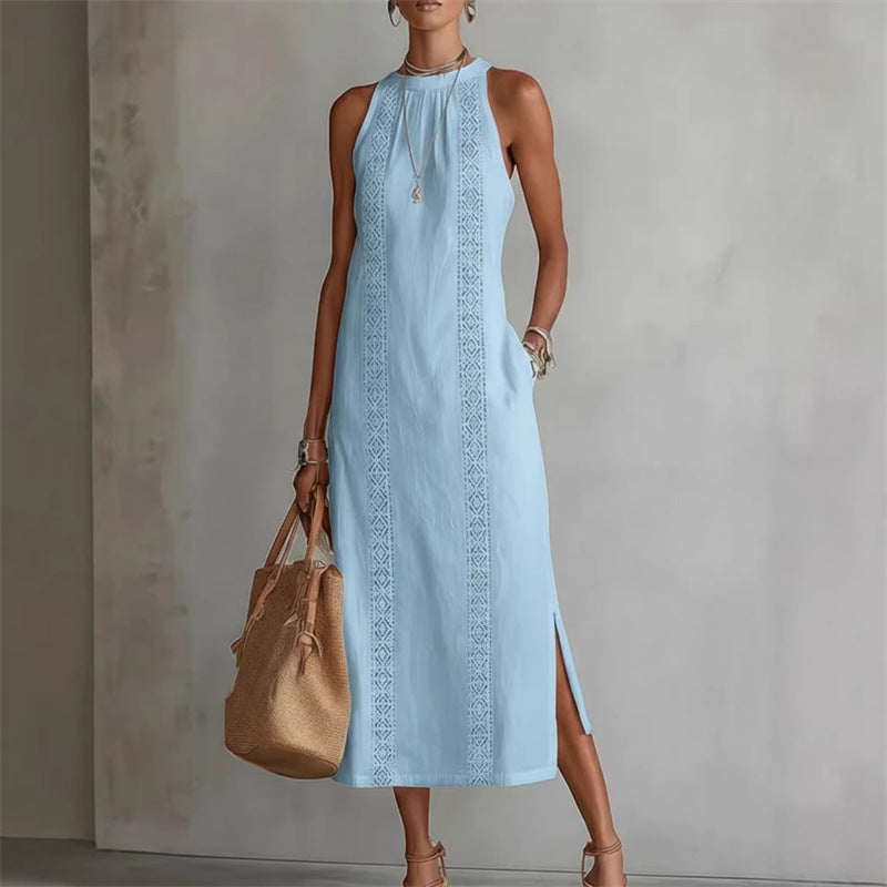 Womens Halter Neck Solid Color Lace Splicing Sleeveless Dress