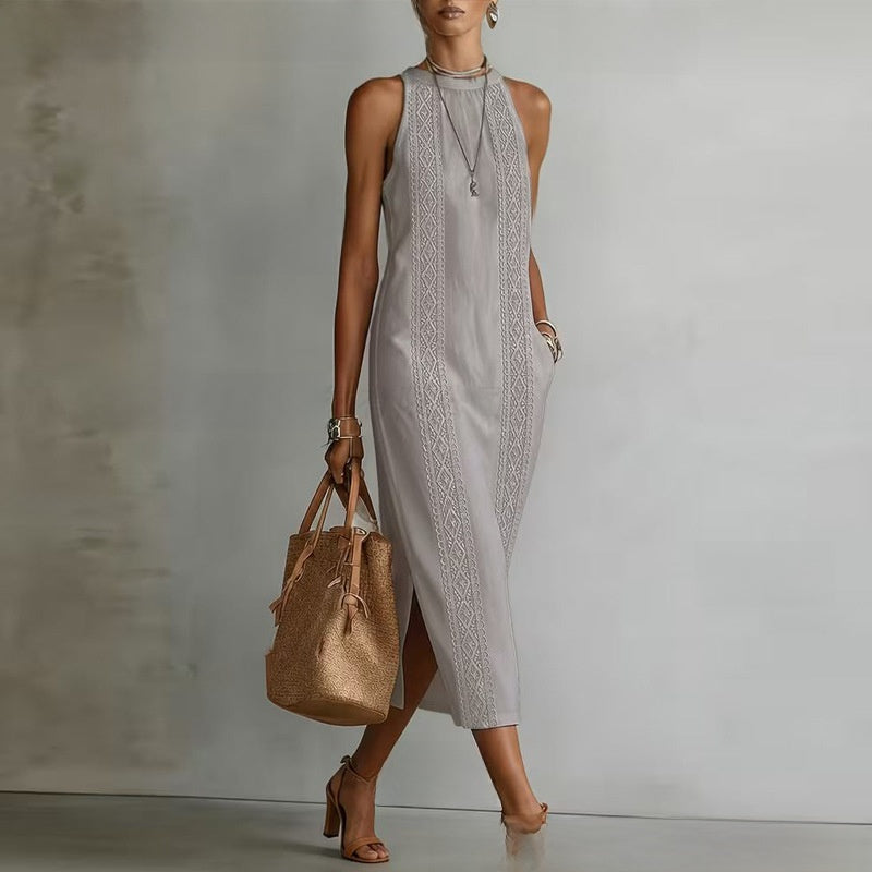 Womens Halter Neck Solid Color Lace Splicing Sleeveless Dress
