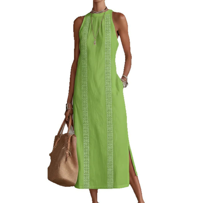 Womens Halter Neck Solid Color Lace Splicing Sleeveless Dress
