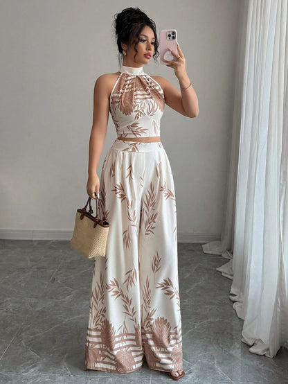 Womens Halter Neck Tank Top and Wide-Leg Pants Set