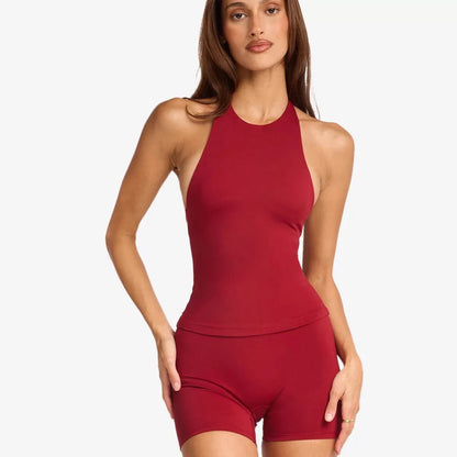 Womens Halter Neck Yoga Set with High Waist Shorts