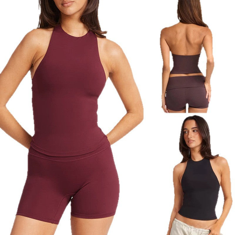 Womens Halter Neck Yoga Set with High Waist Shorts