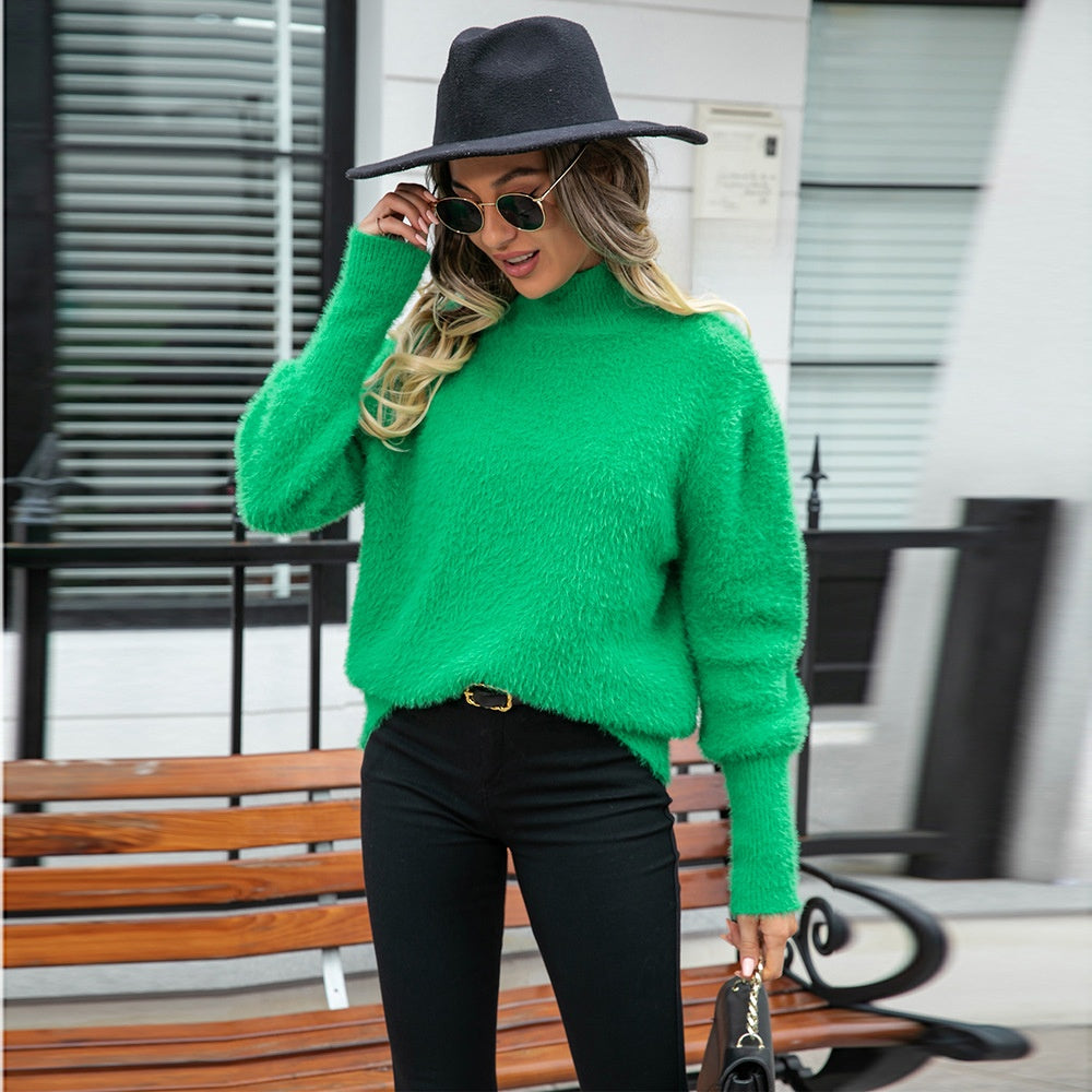 Womens High Collar Plush Knit Pullover