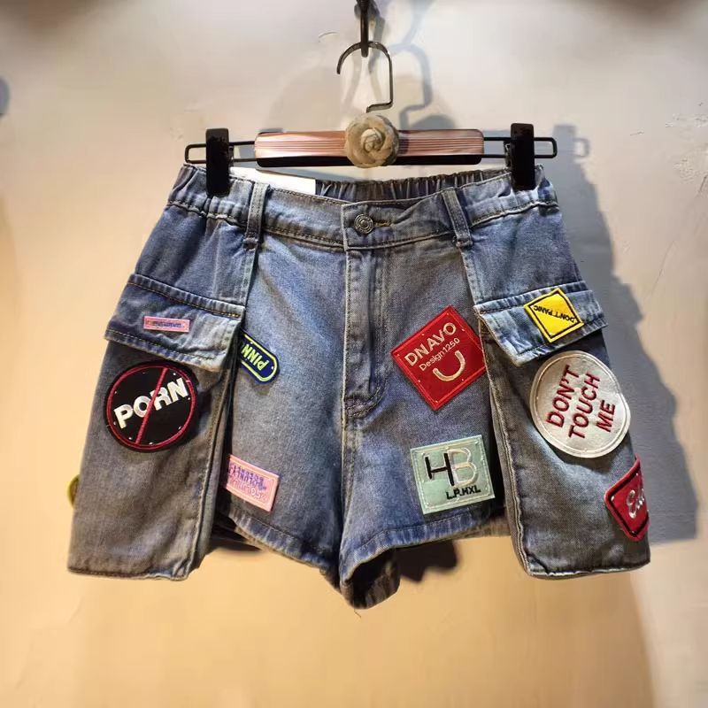 Womens High Waist Cargo Pocket Denim Shorts with Embroidered Patch