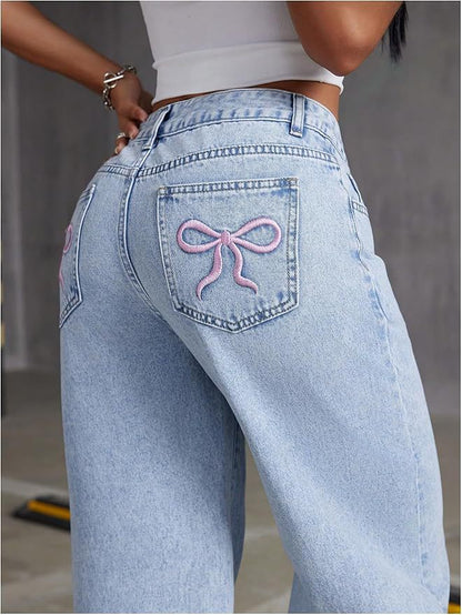 Womens High Waist Embroidered Straight Leg Jeans
