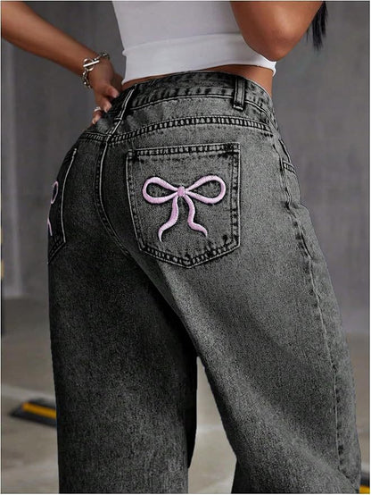 Womens High Waist Embroidered Straight Leg Jeans