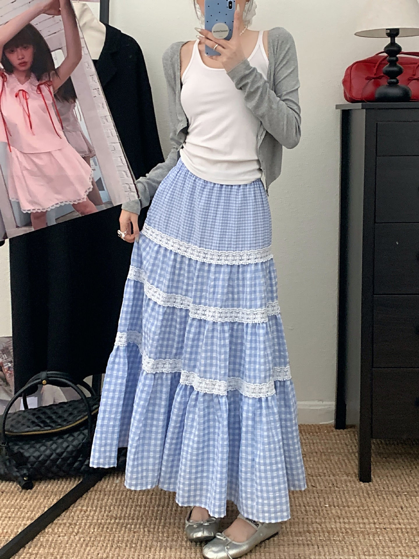 Womens High Waist Plaid Midi Skirt
