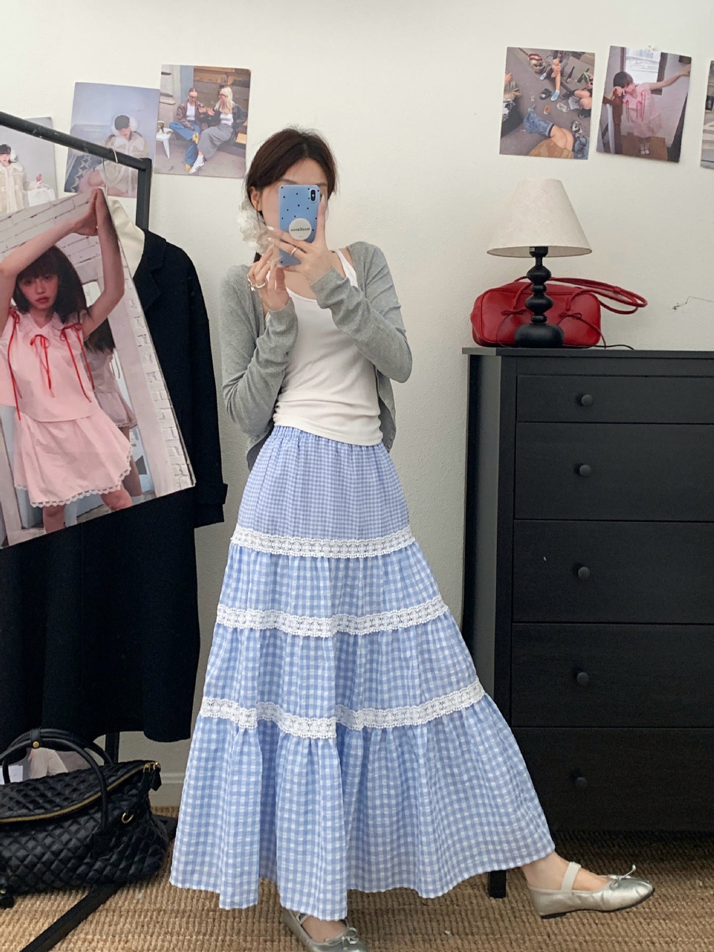 Womens High Waist Plaid Midi Skirt
