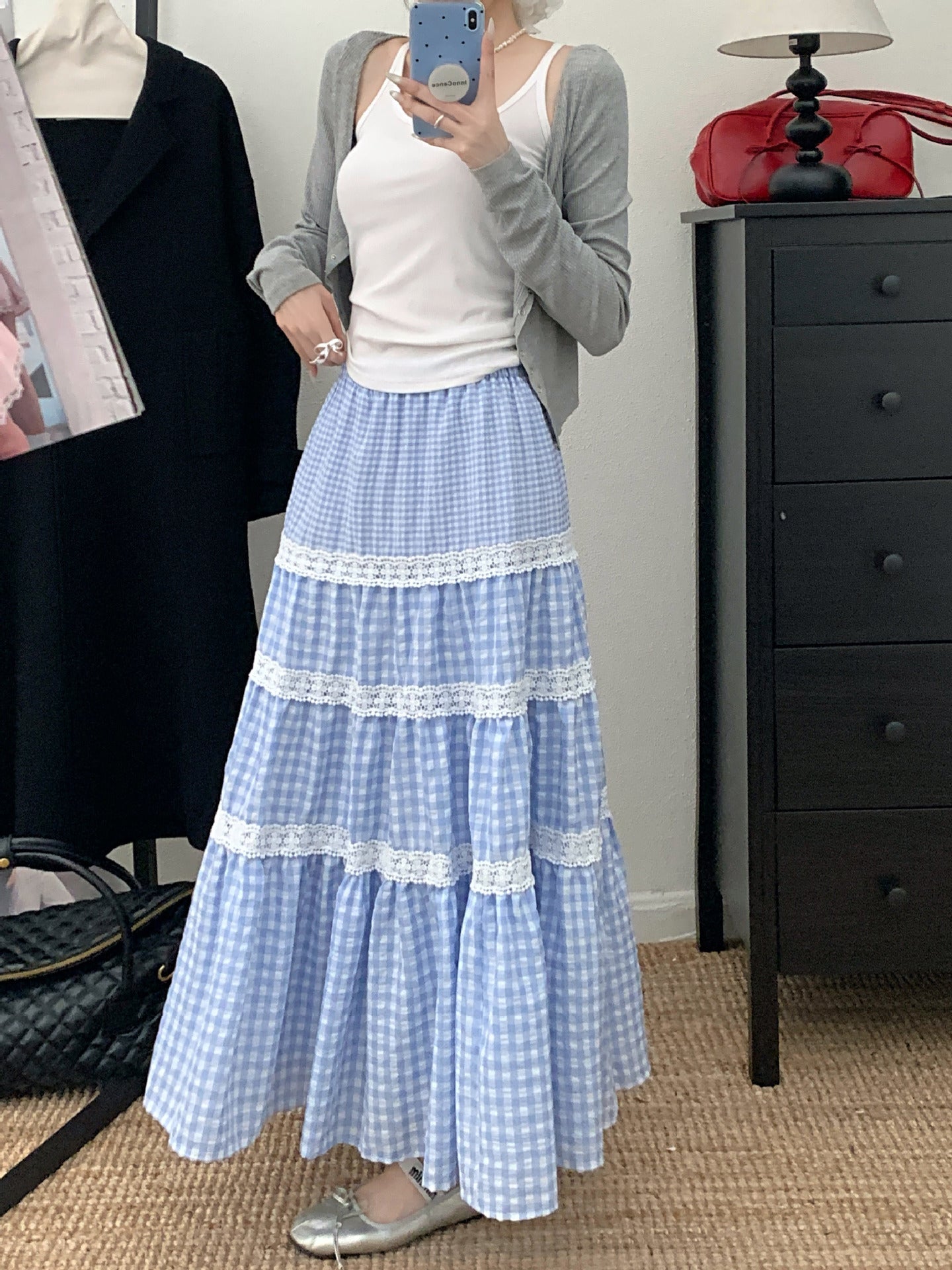 Womens High Waist Plaid Midi Skirt