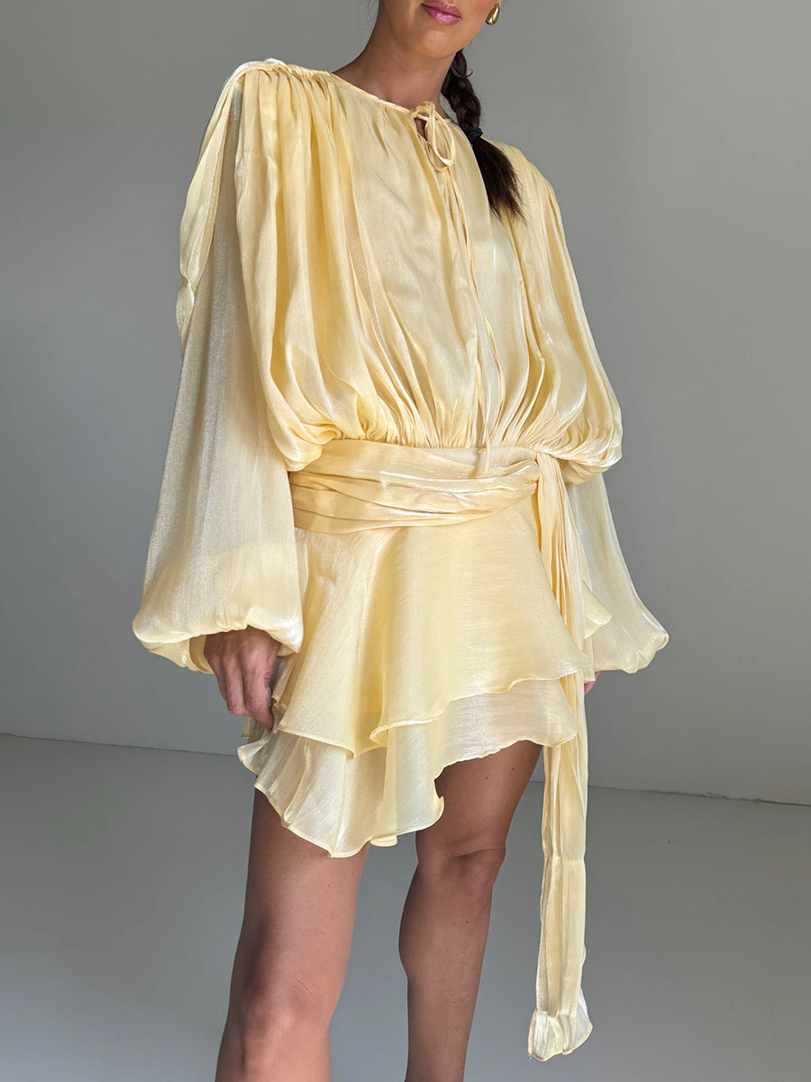 Womens High Waist Ruffle Mini Dress