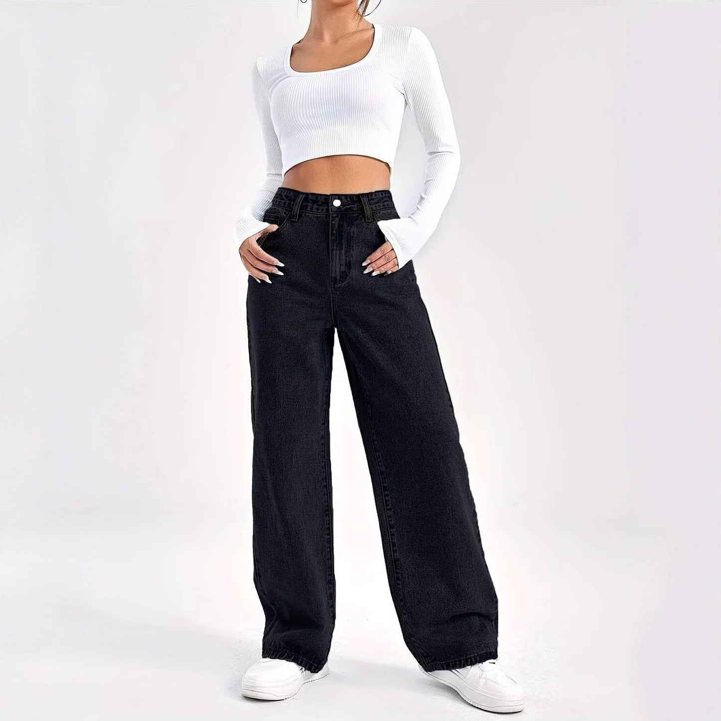 Womens High Waist Straight Leg Denim Pants