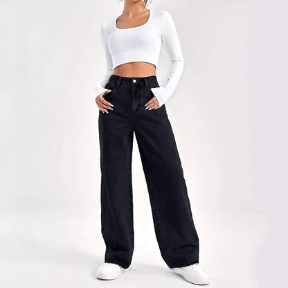 Womens High Waist Straight Leg Denim Pants
