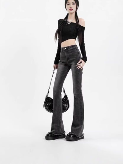 Womens High Waist Stretch Denim Trumpet Pants