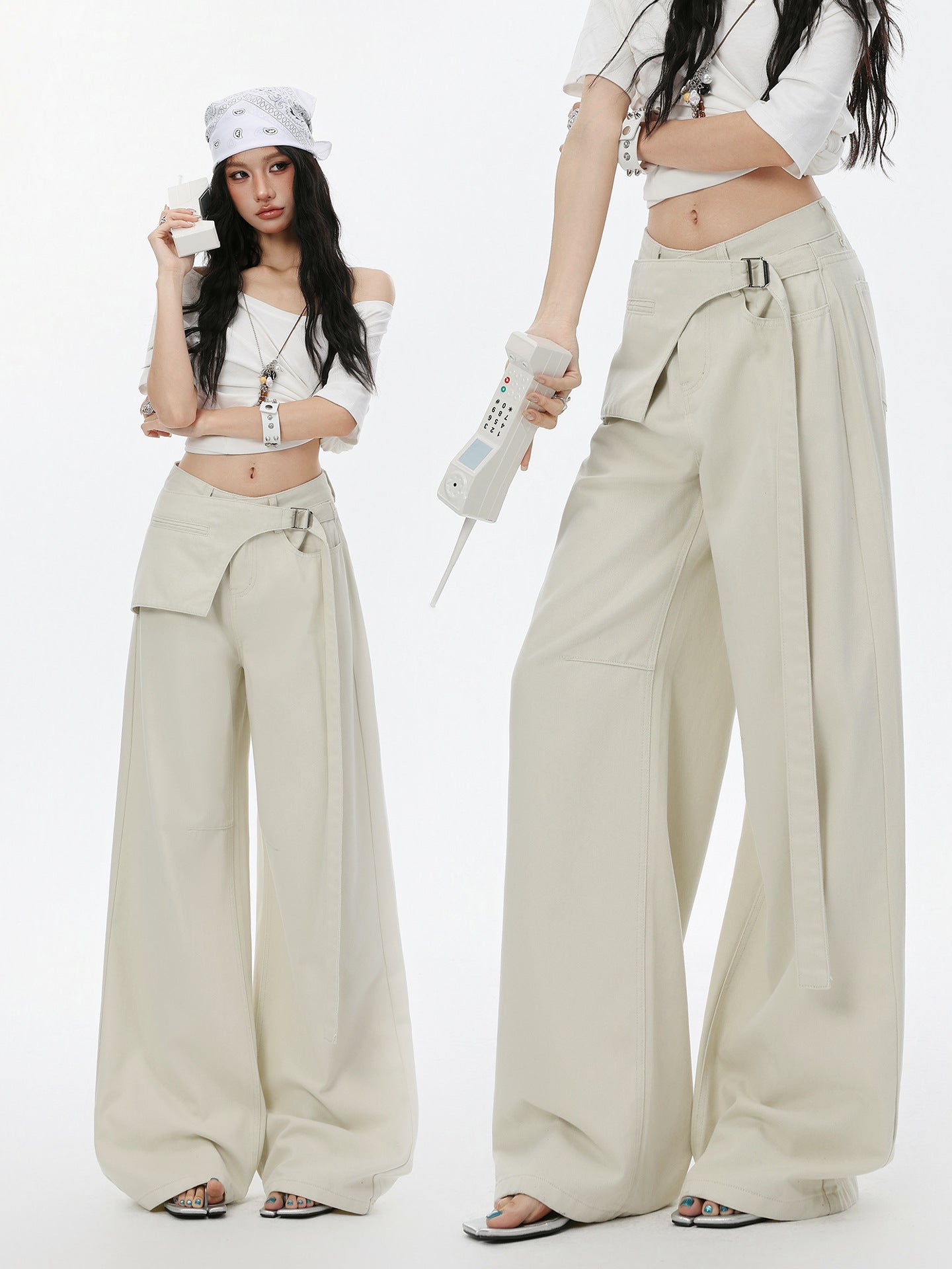 Womens High Waist Wide Leg Cotton Trousers