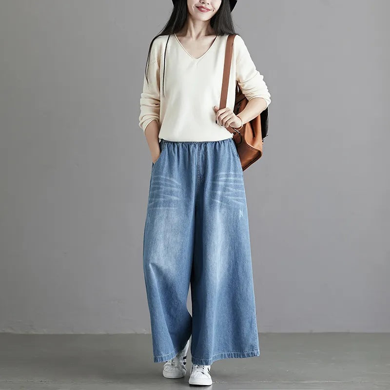 Womens High Waist Wide Leg Denim Pants