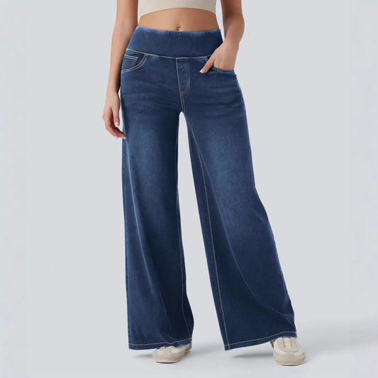 Womens High-Waisted Elastic Wide-Leg Denim Pants